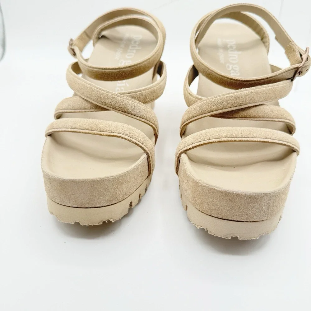 Pedro Garcia Jodie Suede Wedge Sandal Ankle Strap Heel Beige Size 35.5 5.5 $595